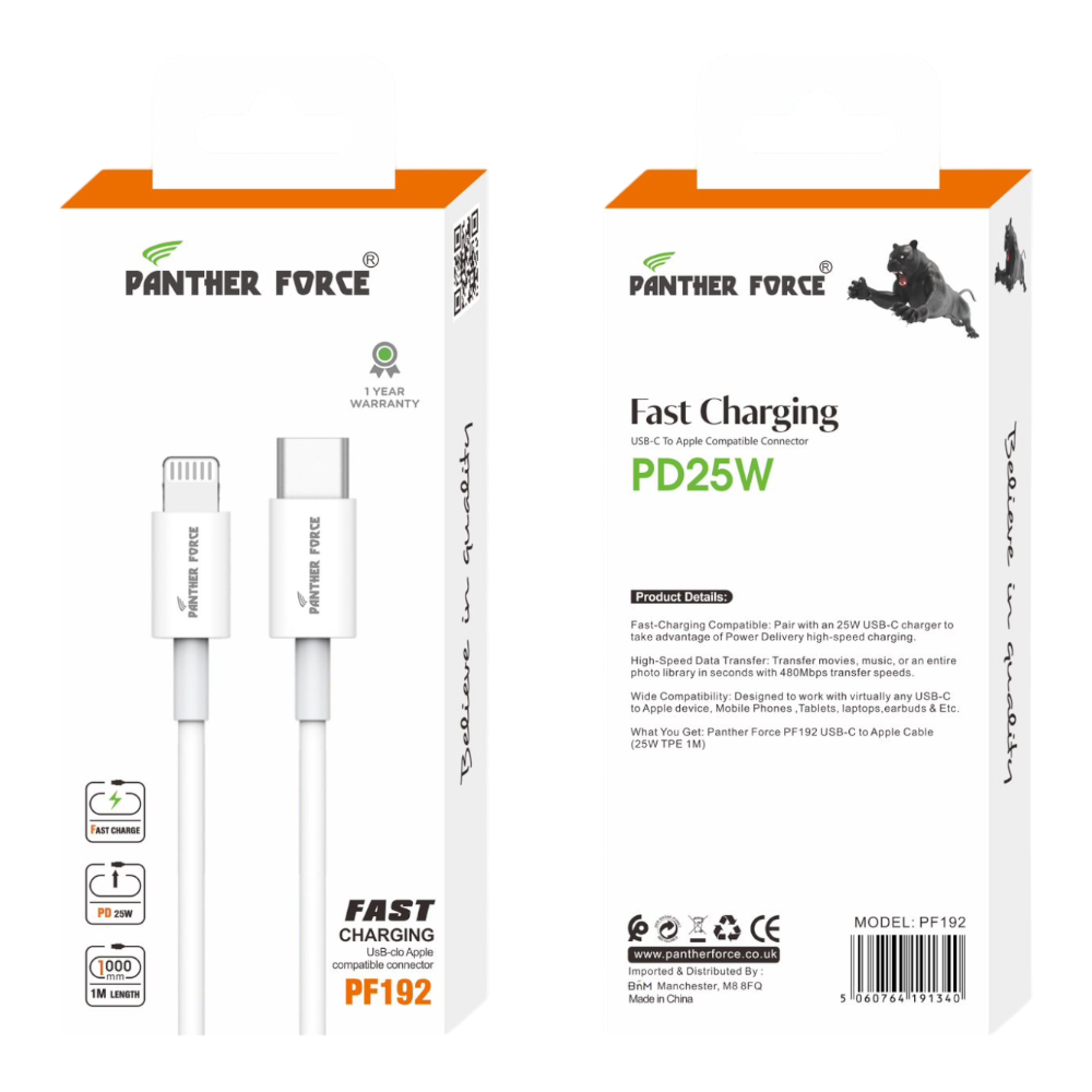 PF192- Panther Force C-C Cable Standard - Fast Charging and Data Transfer for Micro USB Devices Panther Force