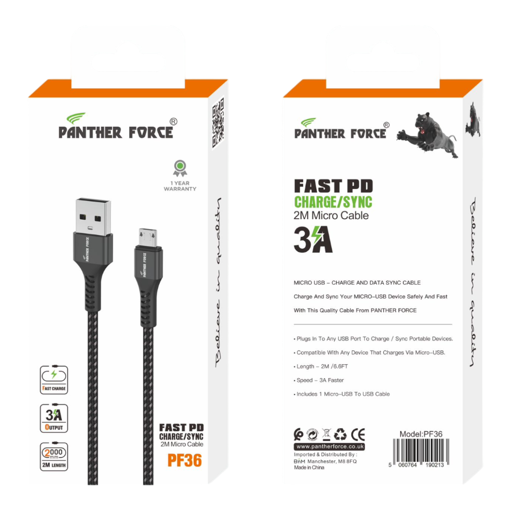 PF36- Panther Force 3A 2M Cable for Micro - Fast Charging and Data Transfer Panther Force