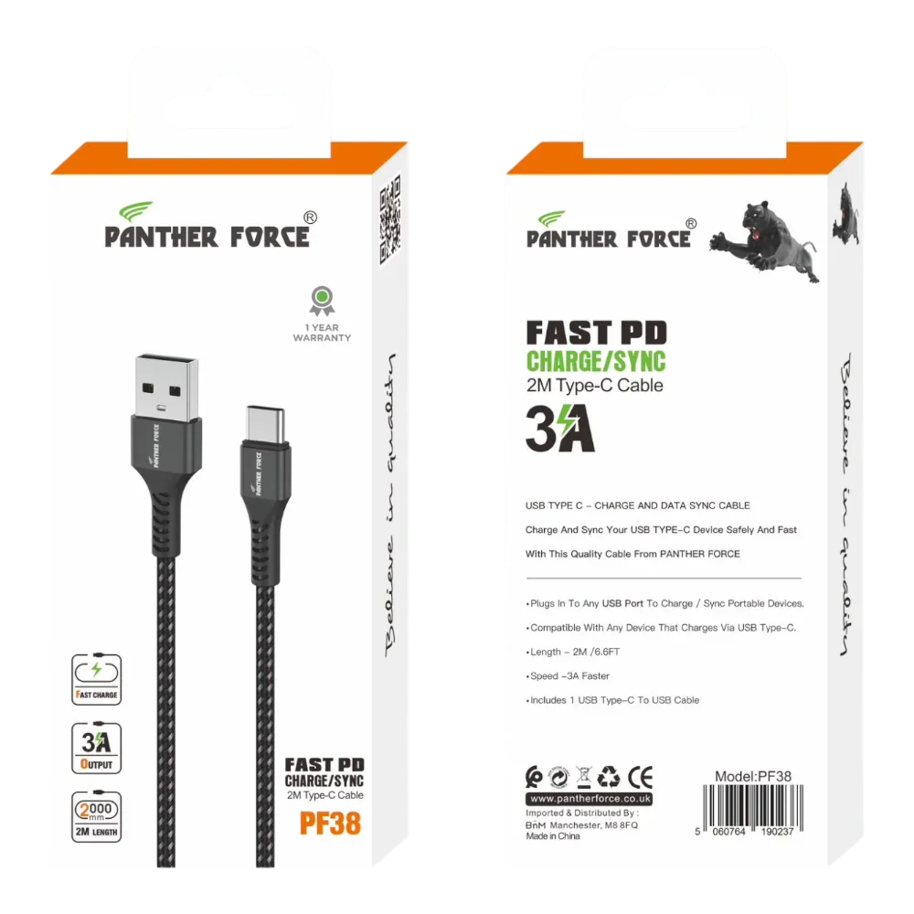 USB To Type-C 3A 2 Meter Cable For Samsung Galaxy S25 Ultra - PF 38 Panther Force