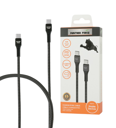 PF45- Panther Force 65W 1M Cable Type-C to Type-C - Extended Length for Convenient Charging and Syncing of Your Phone Panther Force