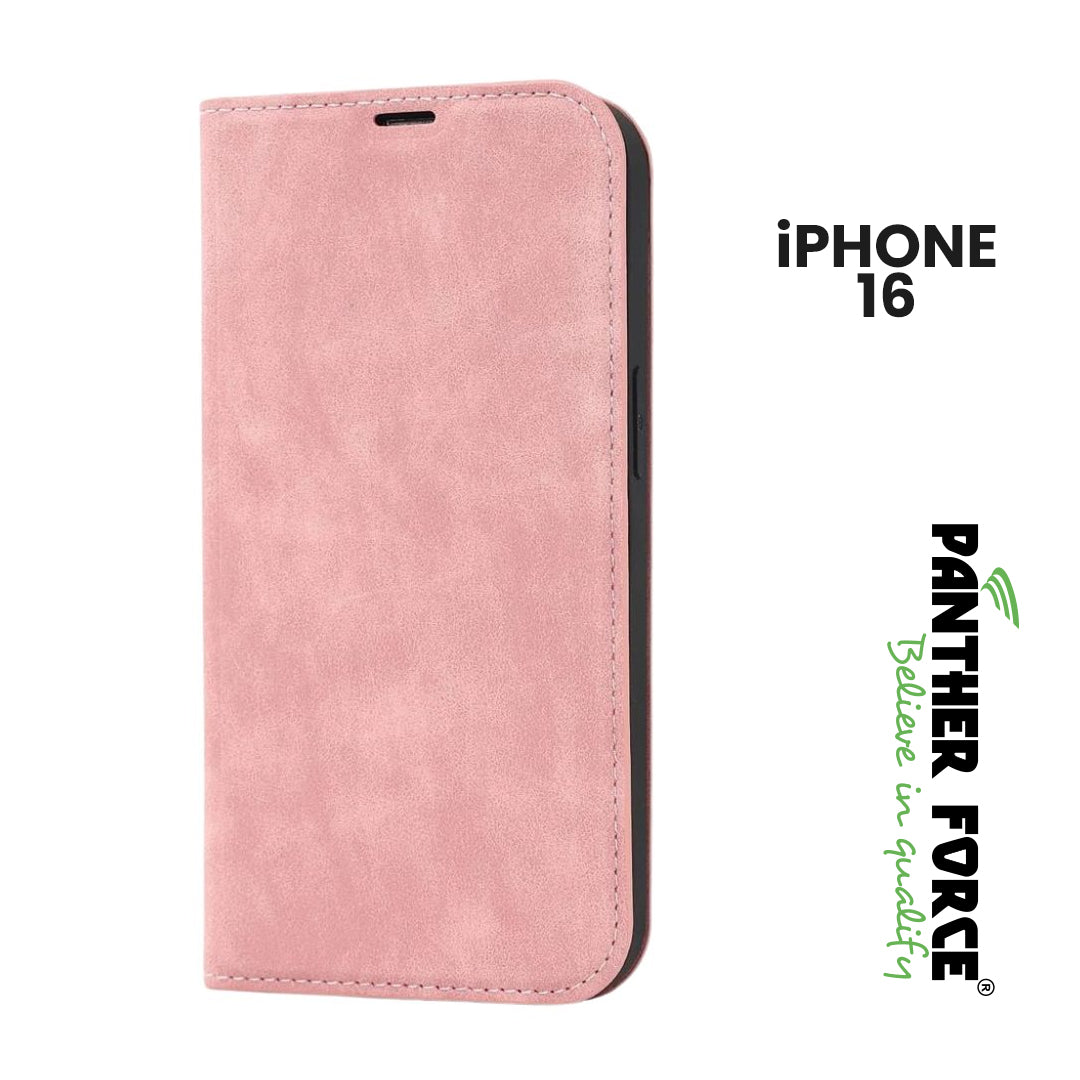 For iPhone 16 PANTHER FORCE LEATHER WALLET CASE WITH KICKSTAND pink Funki Fone