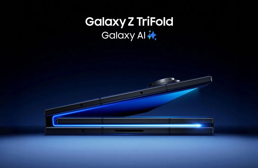 Samsung Galaxy Z TriFold foldable smartphone partially opened showing triple-fold design and sleek black finish