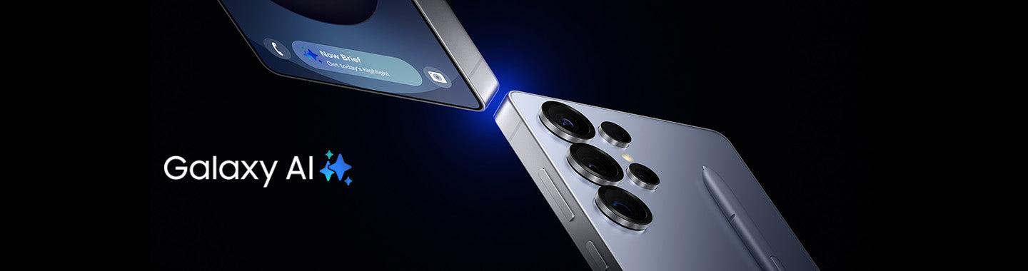 Samsung Galaxy smartphone with multiple rear cameras and stylus, showcasing Galaxy AI on screen