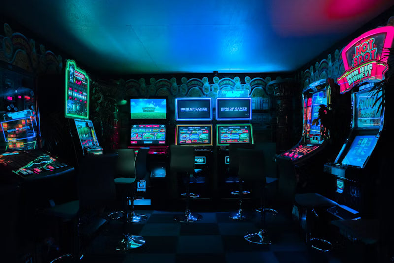 Dimly lit casino room with glowing slot machines and empty stools under blue and red lighting