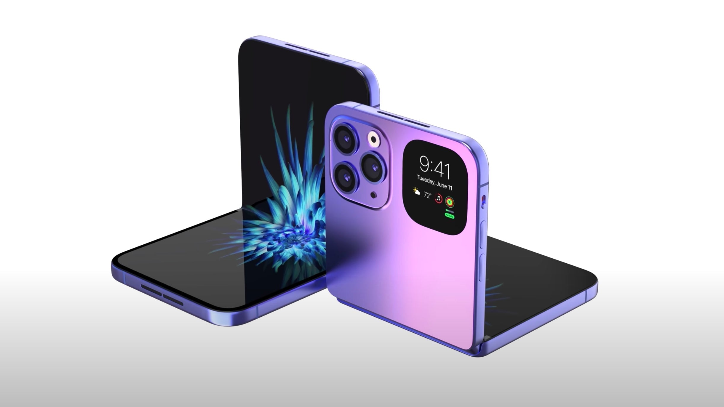 Purple foldable smartphone with dual screens and triple camera setup displayed on white background