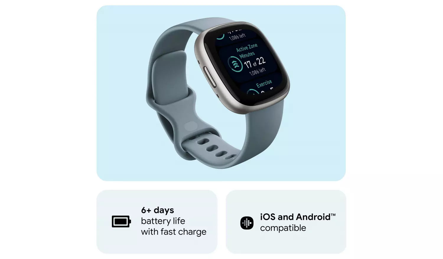 Fitbit Versa 4 Smart Watch – Waterfall Blue, Platinum (New) Google