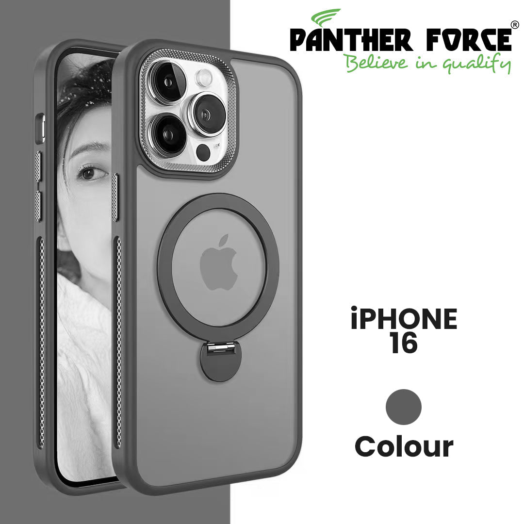 iPhone16 Luxury Phone Holder Clear Matte Magnetic Wireless Charging Case gray Panther Force