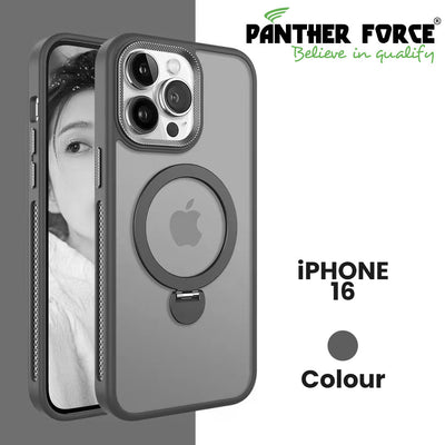 iPhone16 Luxury Phone Holder Clear Matte Magnetic Wireless Charging Case gray Panther Force