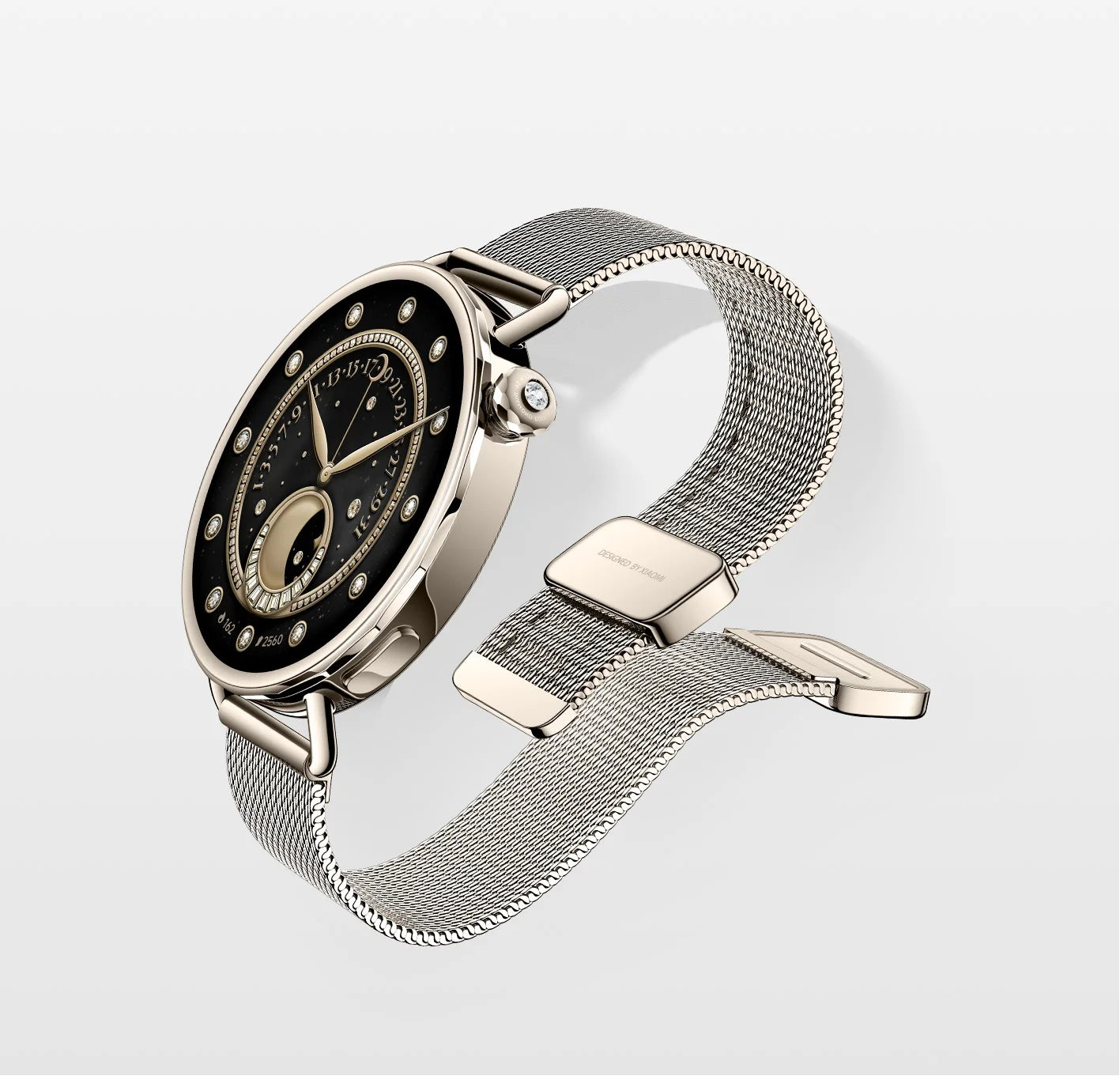 Smartwatch with a silver mesh band on a light gray background