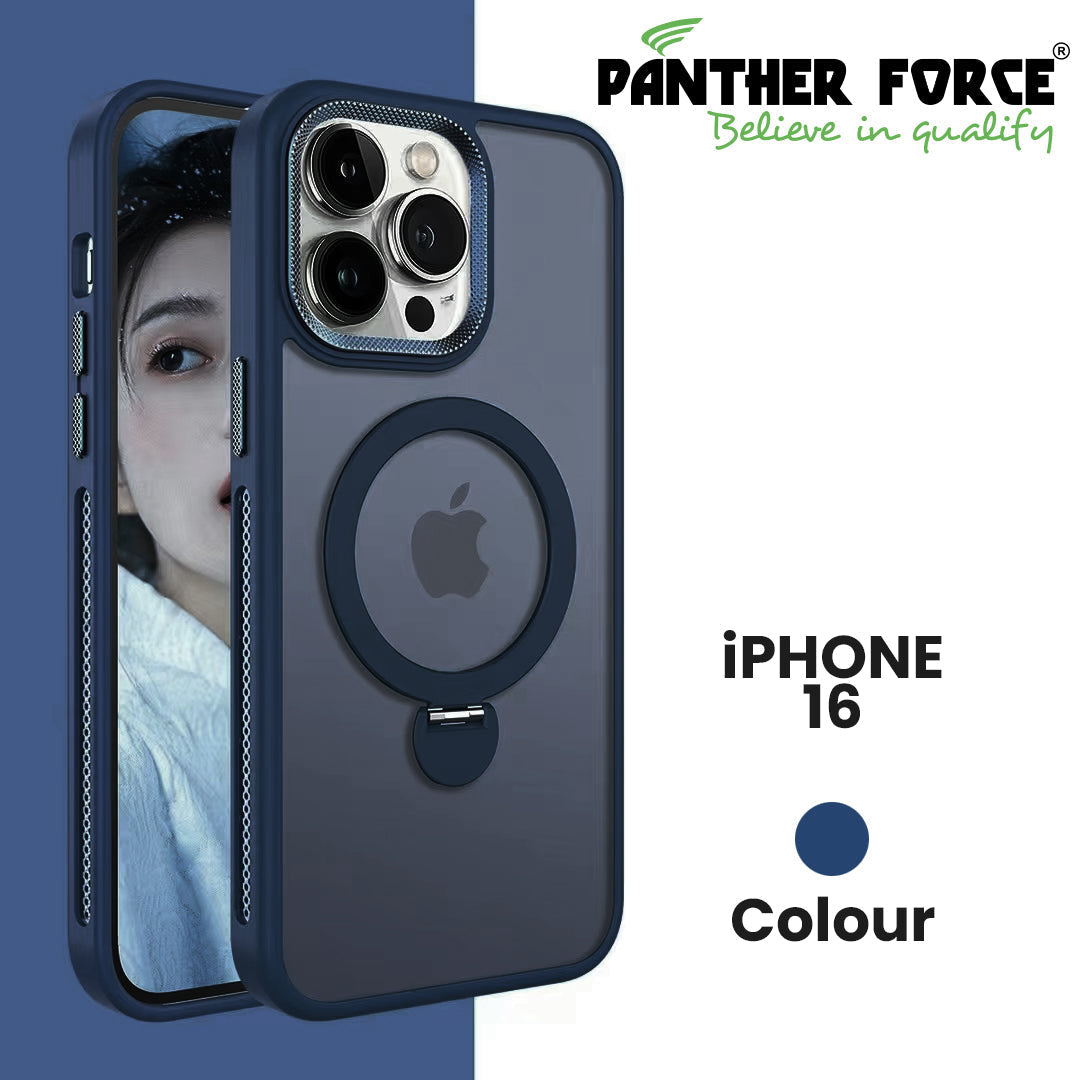 iPhone16 Luxury Phone Holder Clear Matte Magnetic Wireless Charging Case blue Panther Force
