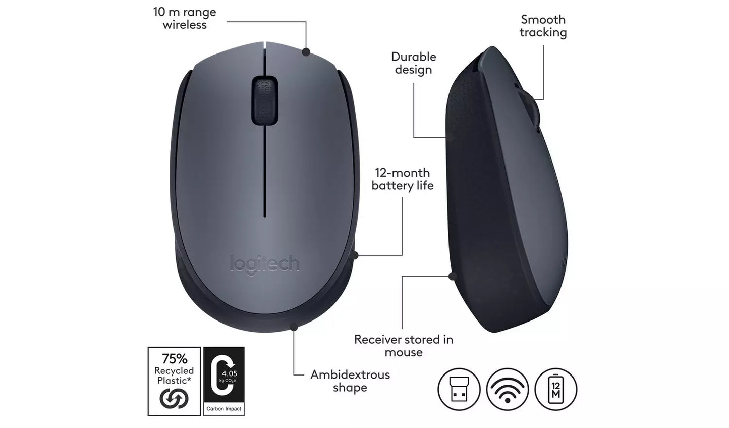 Logitech M170 Wireless Mouse - Grey