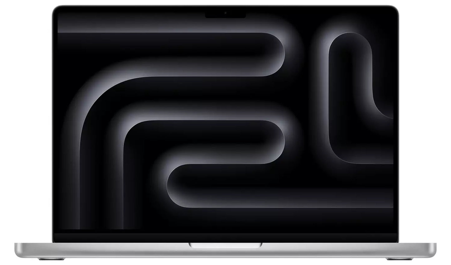 Front view of the new 14-inch MacBook Pro with thin bezels, sleek silver aluminum body, and a Retina display showing a colorful desktop wallpaper