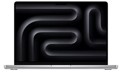 Front view of the new 14-inch MacBook Pro with thin bezels, sleek silver aluminum body, and a Retina display showing a colorful desktop wallpaper