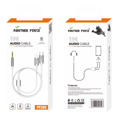 PF280- Panther Force 1M Audio Cable 2-in-1 AUX for Type-C &amp; Apple Connector - Seamless Connectivity, Uninterrupted Power