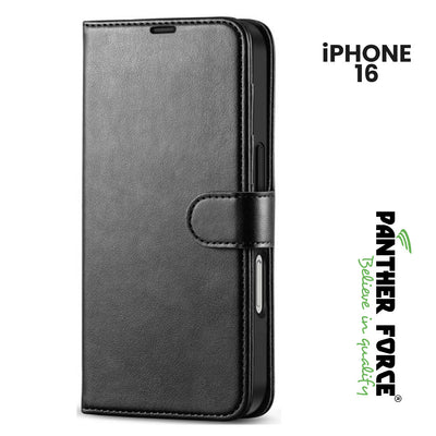 For iPhone 16 PANTHER FORCE LEATHER WALLET CASE WITH KICKSTAND black Funki Fone